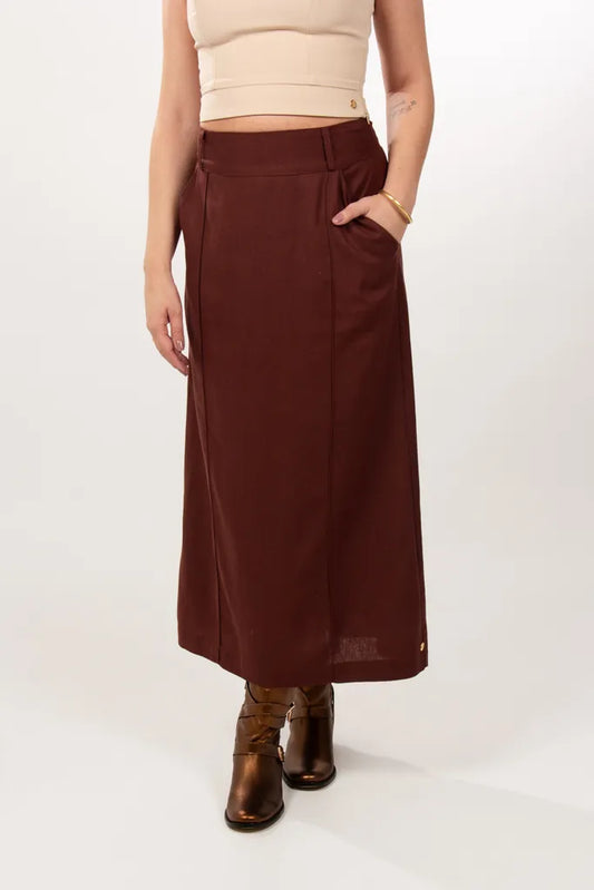 Long Straight Linen Chocolate Skirt