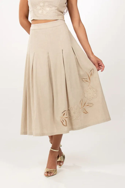Richelieu and Renaissance Ochre Linen Midi Skirt