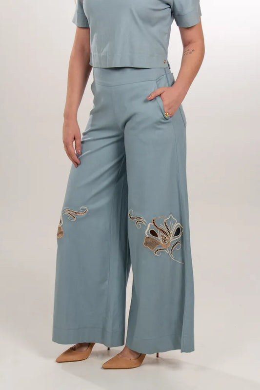 Azure Linen Wide Leg Trousers with Richelieu