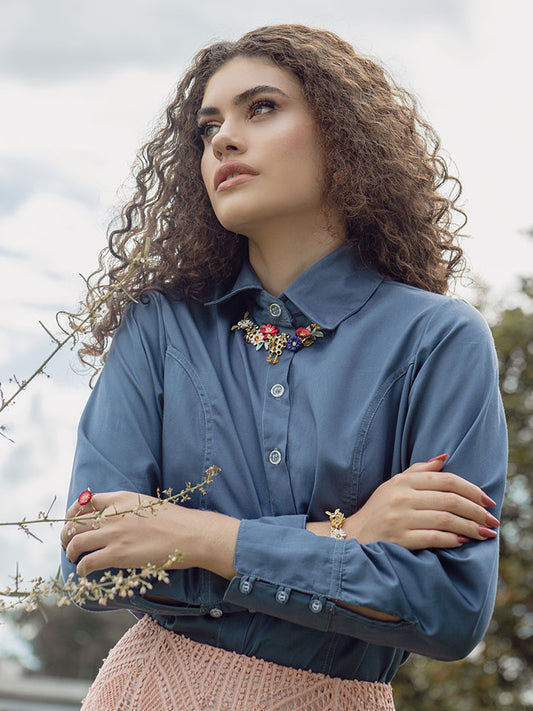 Camisa Alfaiataria Algodão 400 fios Azul