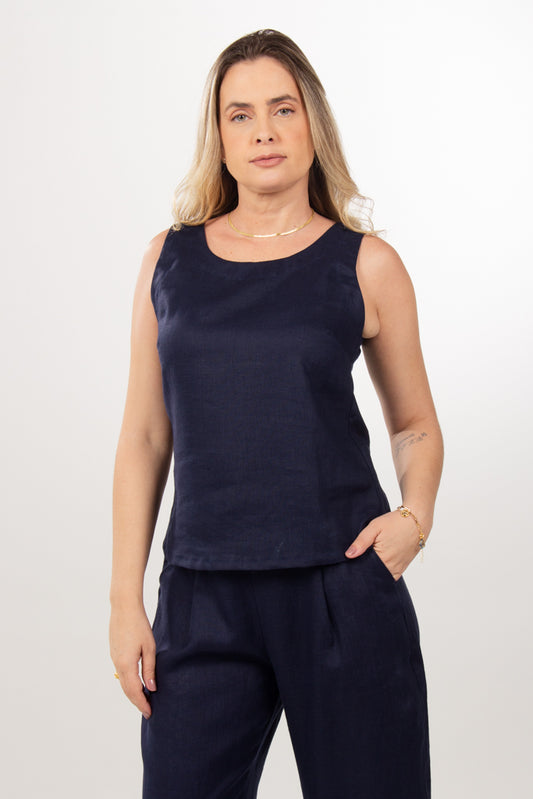 Blusa Regata Linho Azul Marinho